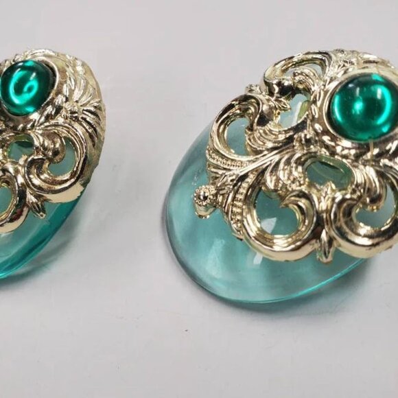 Etruscan Motif Acrylic and Gold-tone Earrings Large Statement - Picture 8 of 10